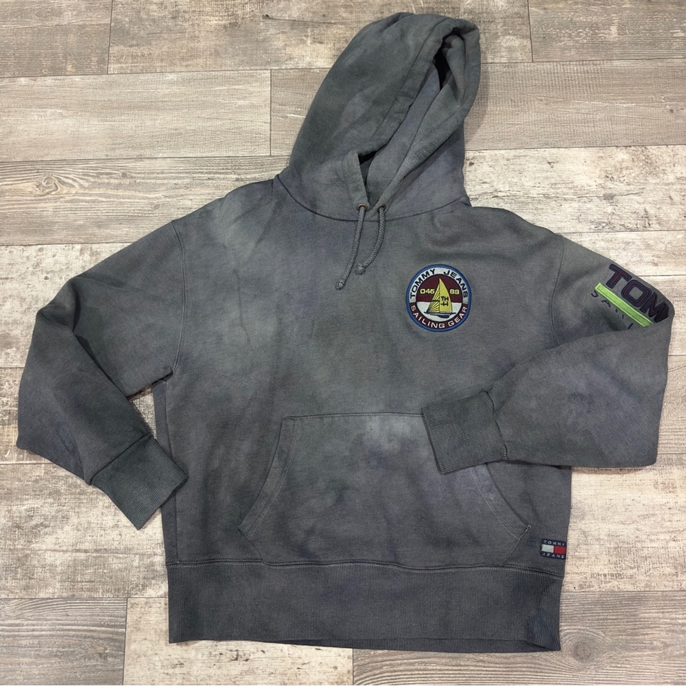 Tommy Jeans Custom Grey Distressed Pullover Hoodie Sweatshirt Size Medium